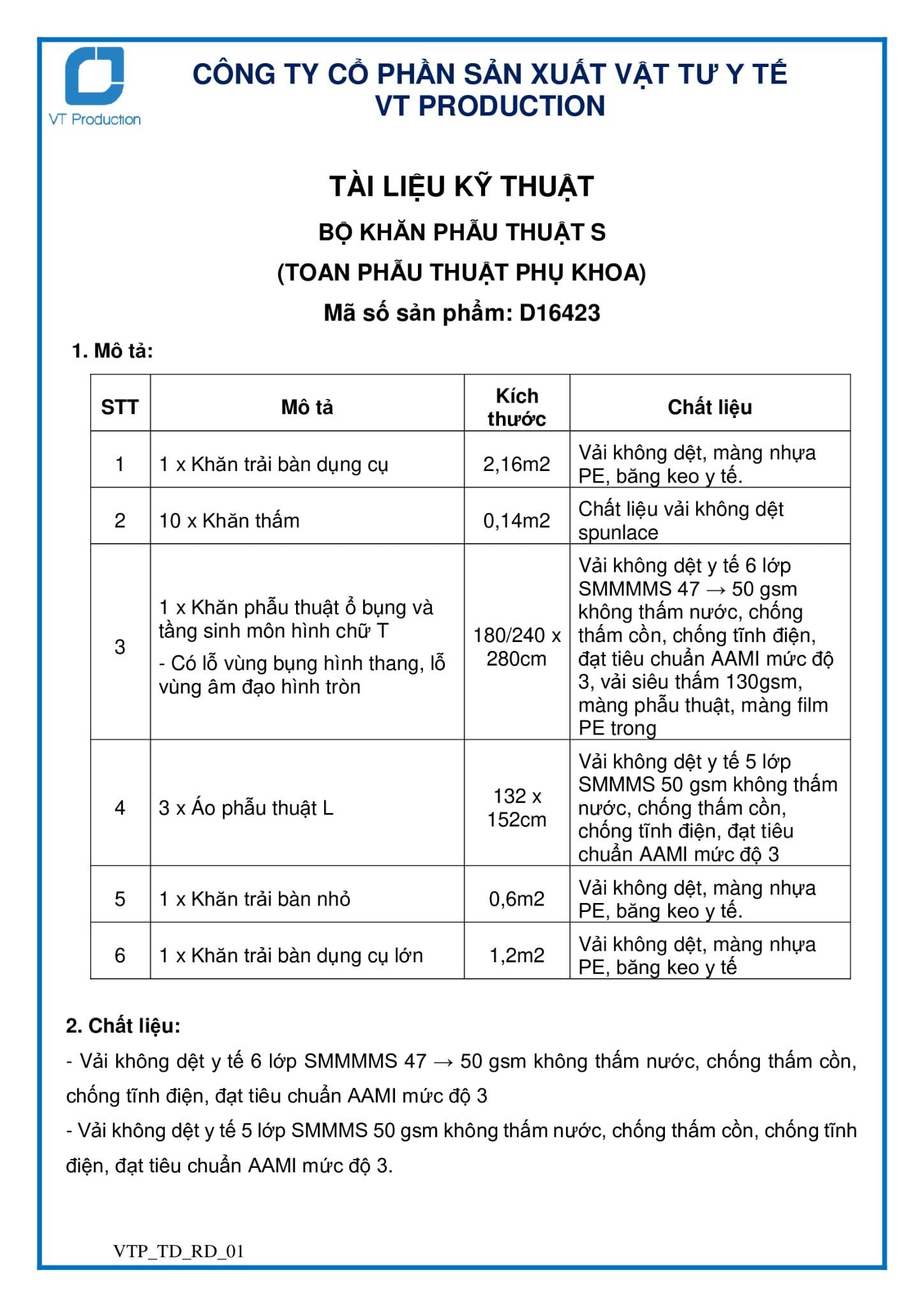 D16423 BỘ KHĂN PHẪU THUẬT S (TOAN PHẪU THUẬT PHỤ KHOA) 