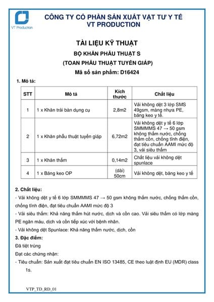  D16424 BỘ KHĂN PHẪU THUẬT S (TOAN PHẪU THUẬT TUYẾN GIÁP) 