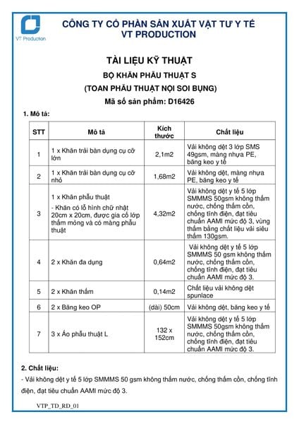  D16426 BỘ KHĂN PHẪU THUẬT S (TOAN PHẪU THUẬT NỘI SOI BỤNG) 