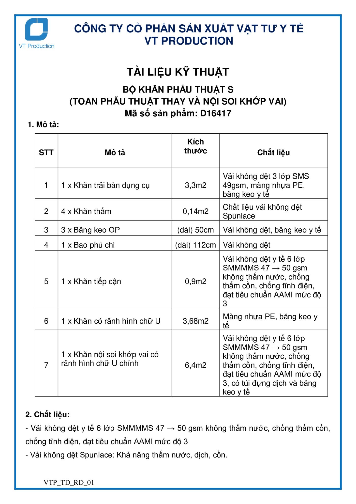  D16417 BỘ KHĂN PHẪU THUẬT S (TOAN PHẪU THUẬT THAY VÀ NỘI SOI KHỚP VAI) 