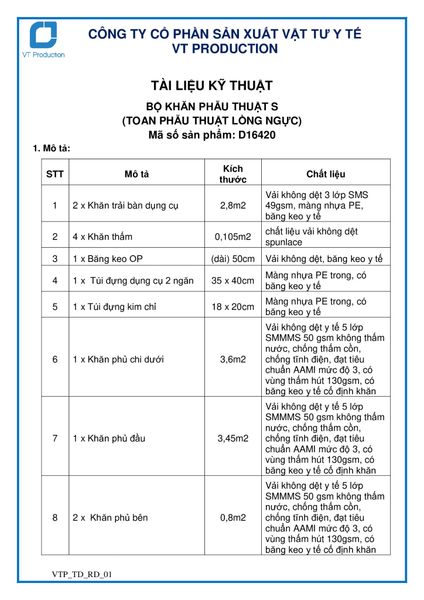  D16420 BỘ KHĂN PHẪU THUẬT S (TOAN PHẪU THUẬT LỒNG NGỰC) 