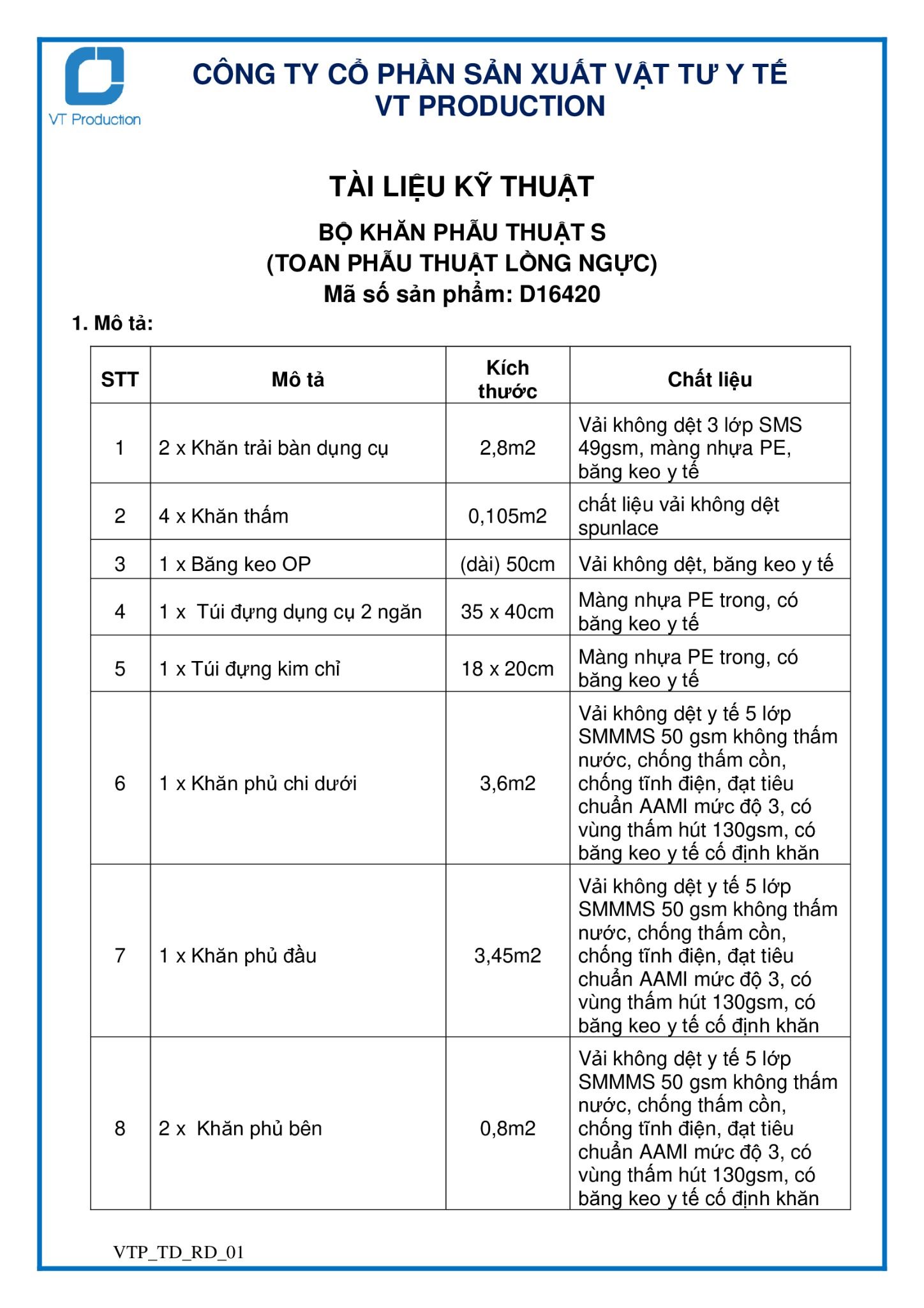  D16420 BỘ KHĂN PHẪU THUẬT S (TOAN PHẪU THUẬT LỒNG NGỰC) 