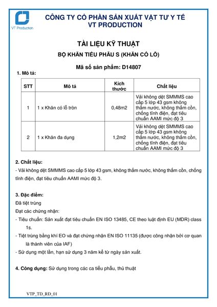  D14807 BỘ KHĂN TIỂU PHẪU S (KHĂN CÓ LỖ) 