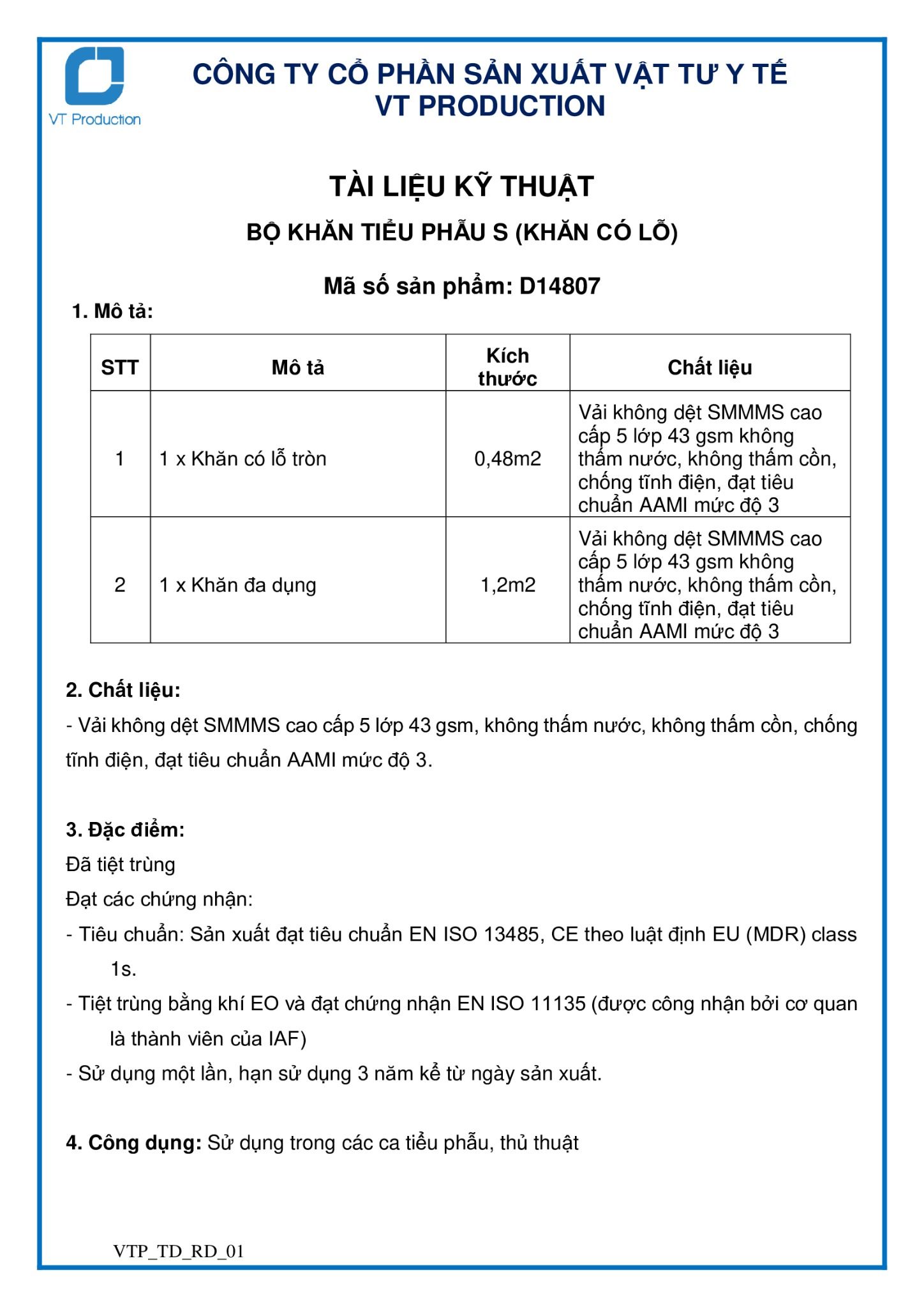  D14807 BỘ KHĂN TIỂU PHẪU S (KHĂN CÓ LỖ) 