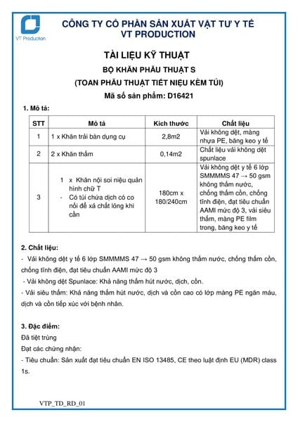  D16421 BỘ KHĂN PHẪU THUẬT S (TOAN PHẪU THUẬT TIẾT NIỆU KÈM TÚI) 