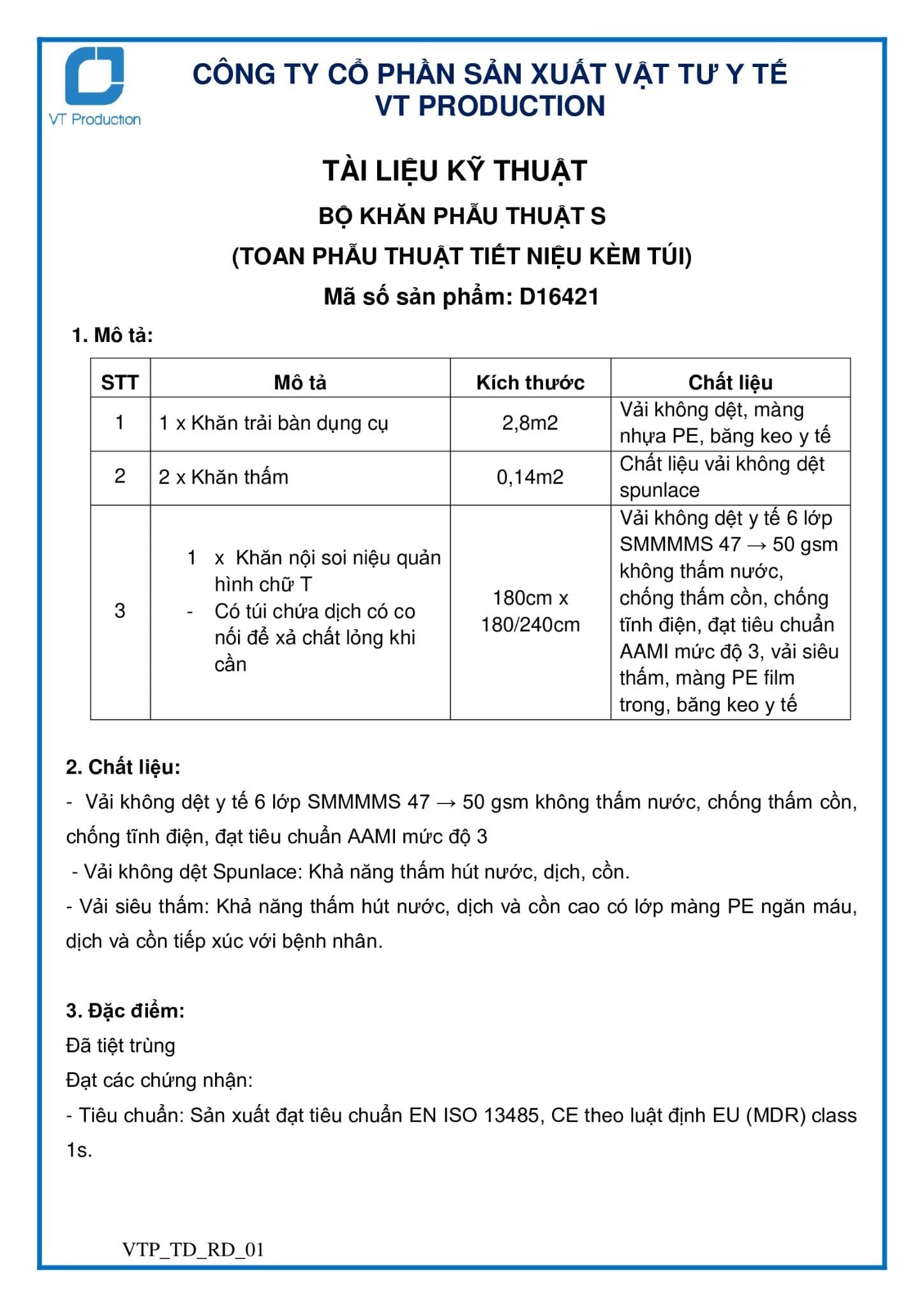  D16421 BỘ KHĂN PHẪU THUẬT S (TOAN PHẪU THUẬT TIẾT NIỆU KÈM TÚI) 