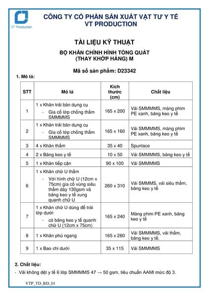  D23342 BỘ KHĂN CHỈNH HÌNH TỔNG QUÁT (THAY KHỚP HÁNG) M 