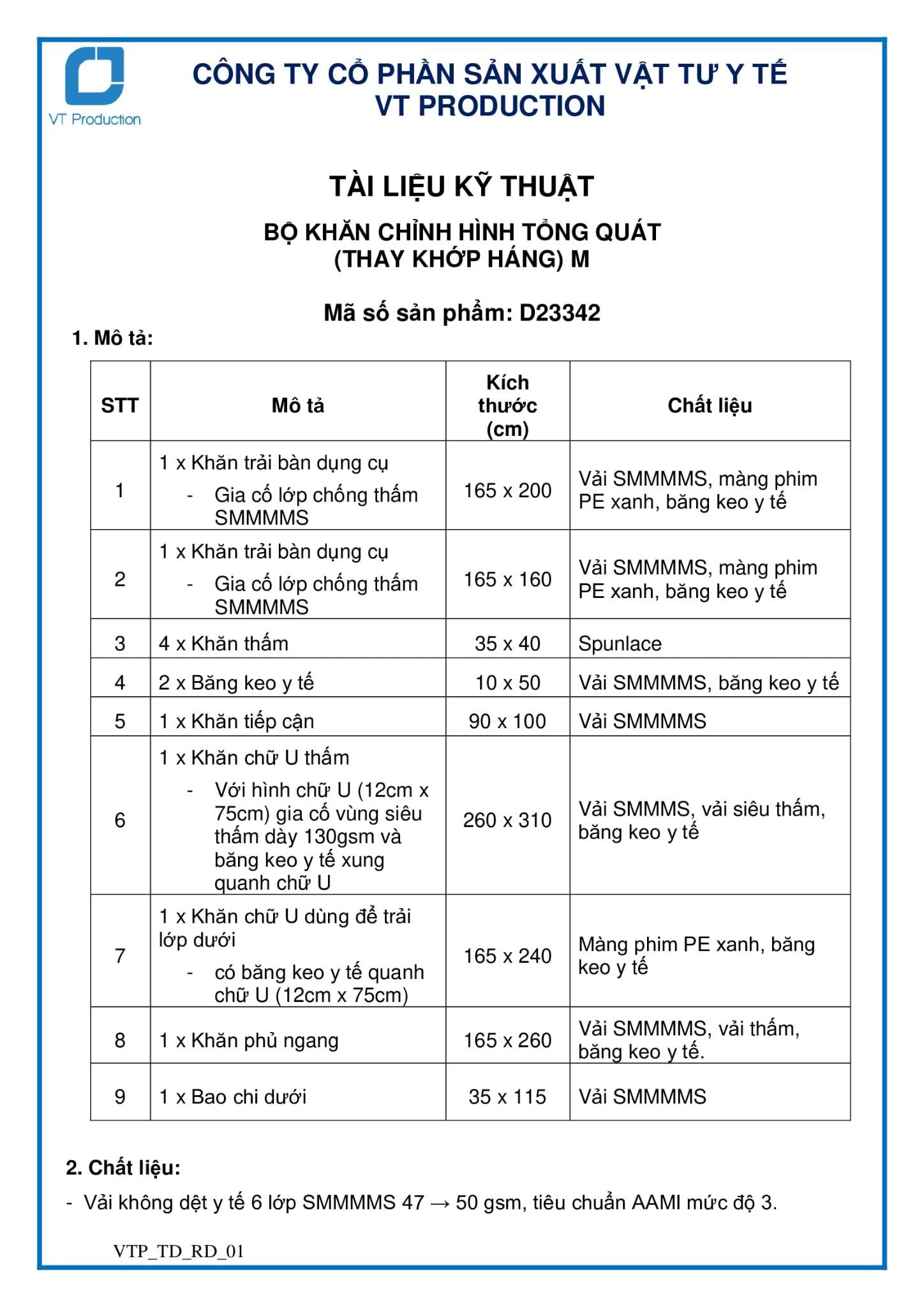  D23342 BỘ KHĂN CHỈNH HÌNH TỔNG QUÁT (THAY KHỚP HÁNG) M 