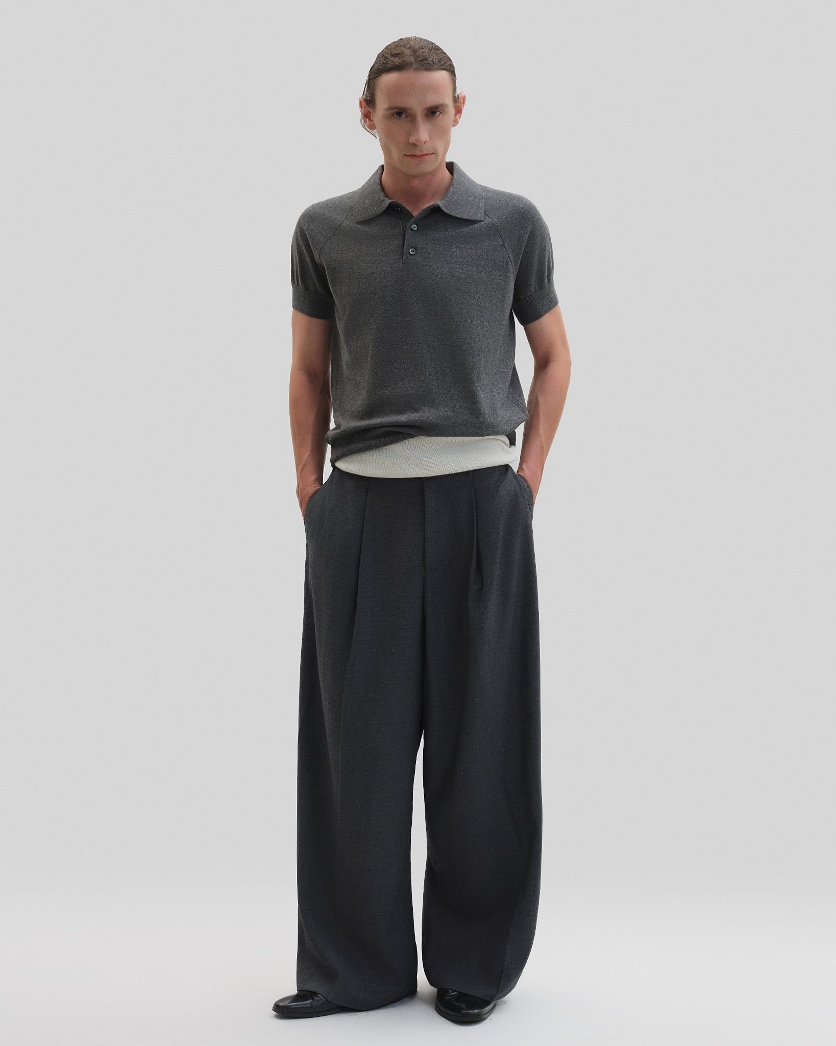  GREY CROPPED KNIT POLO SHIRT 