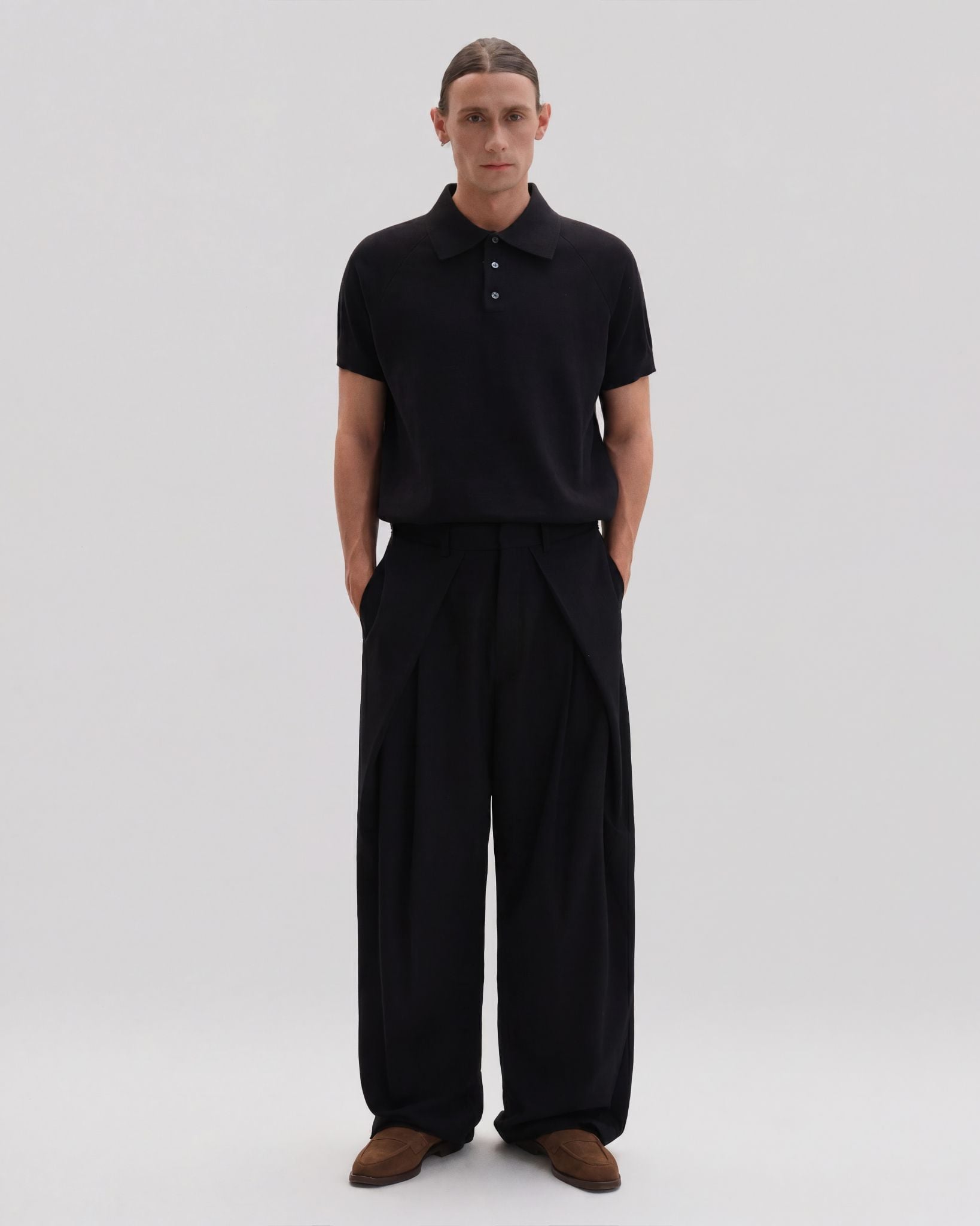  BLACK CROPPED KNIT POLO SHIRT 