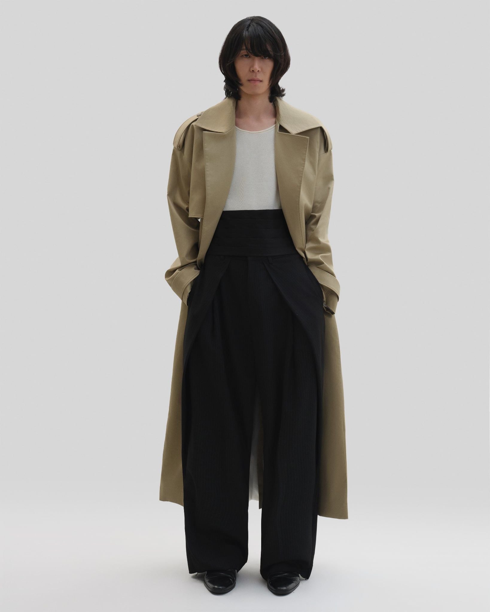  STRIPED DRAPED WIDE LEG TROUSERS 