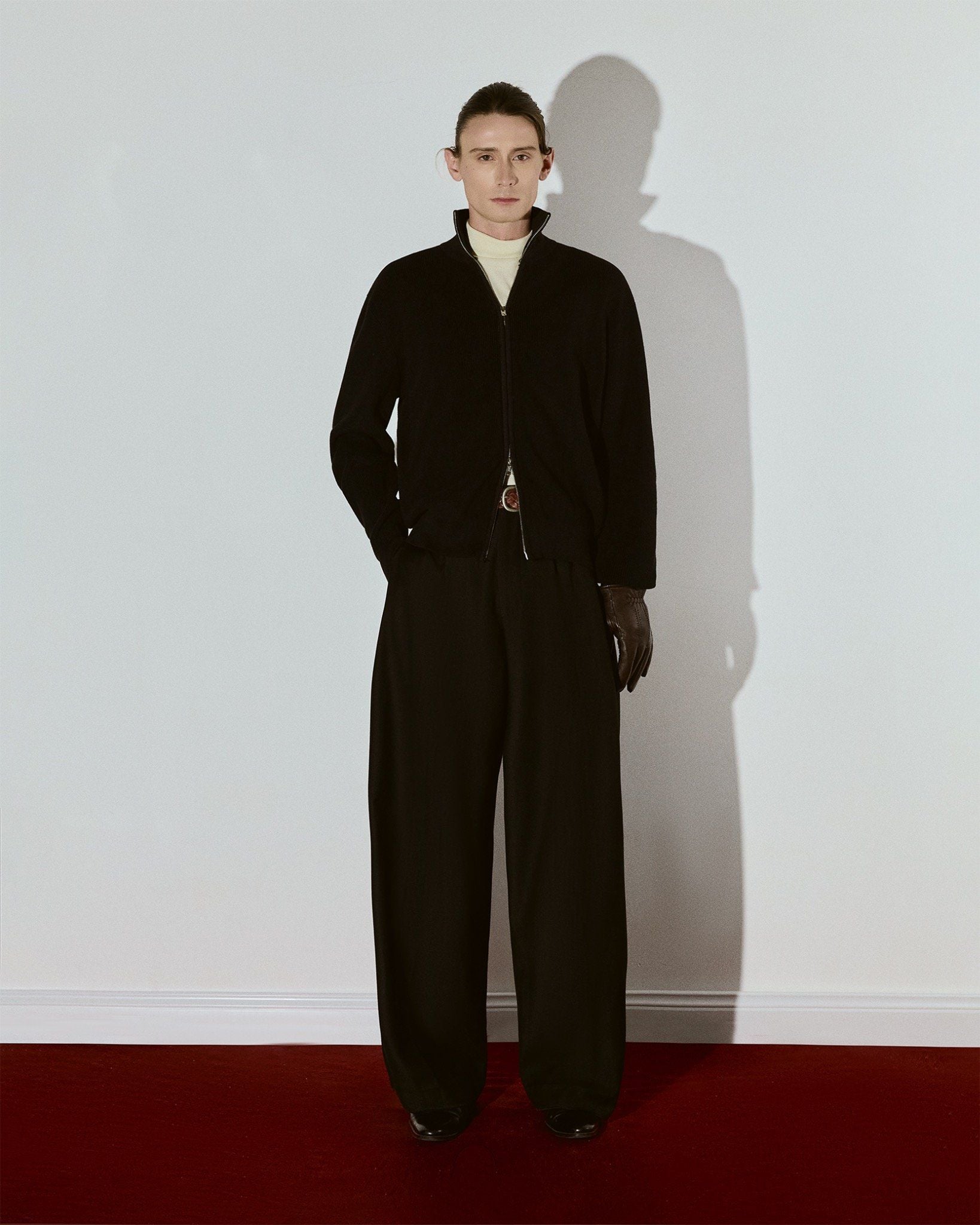  BLACK WOOL PLEATED WIDE TROUSERS 