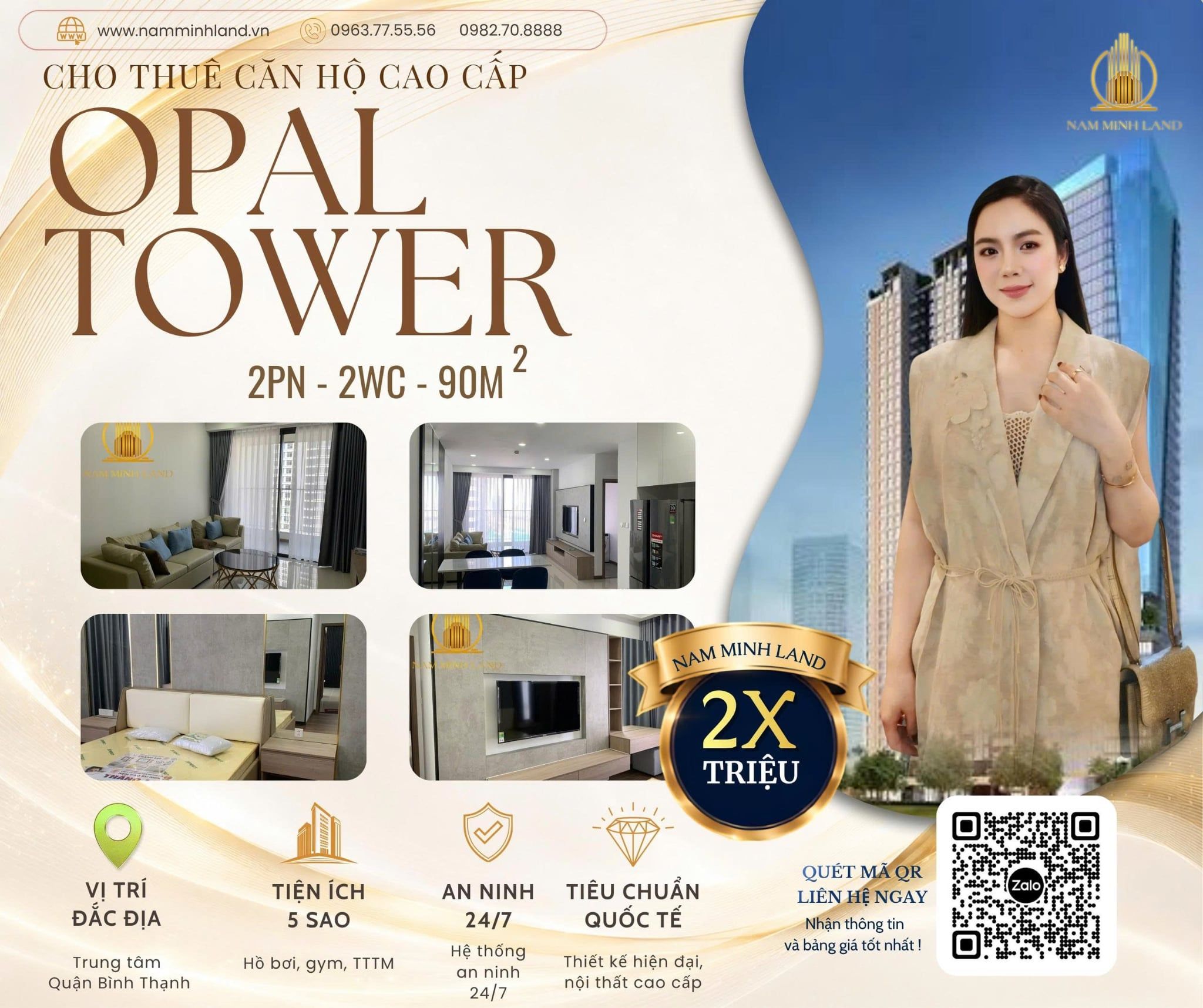  Cho thuê căn hộ Opal Tower- Cho thuê căn hộ 2 phòng ngủ m2, view nhìn Bitexco. 