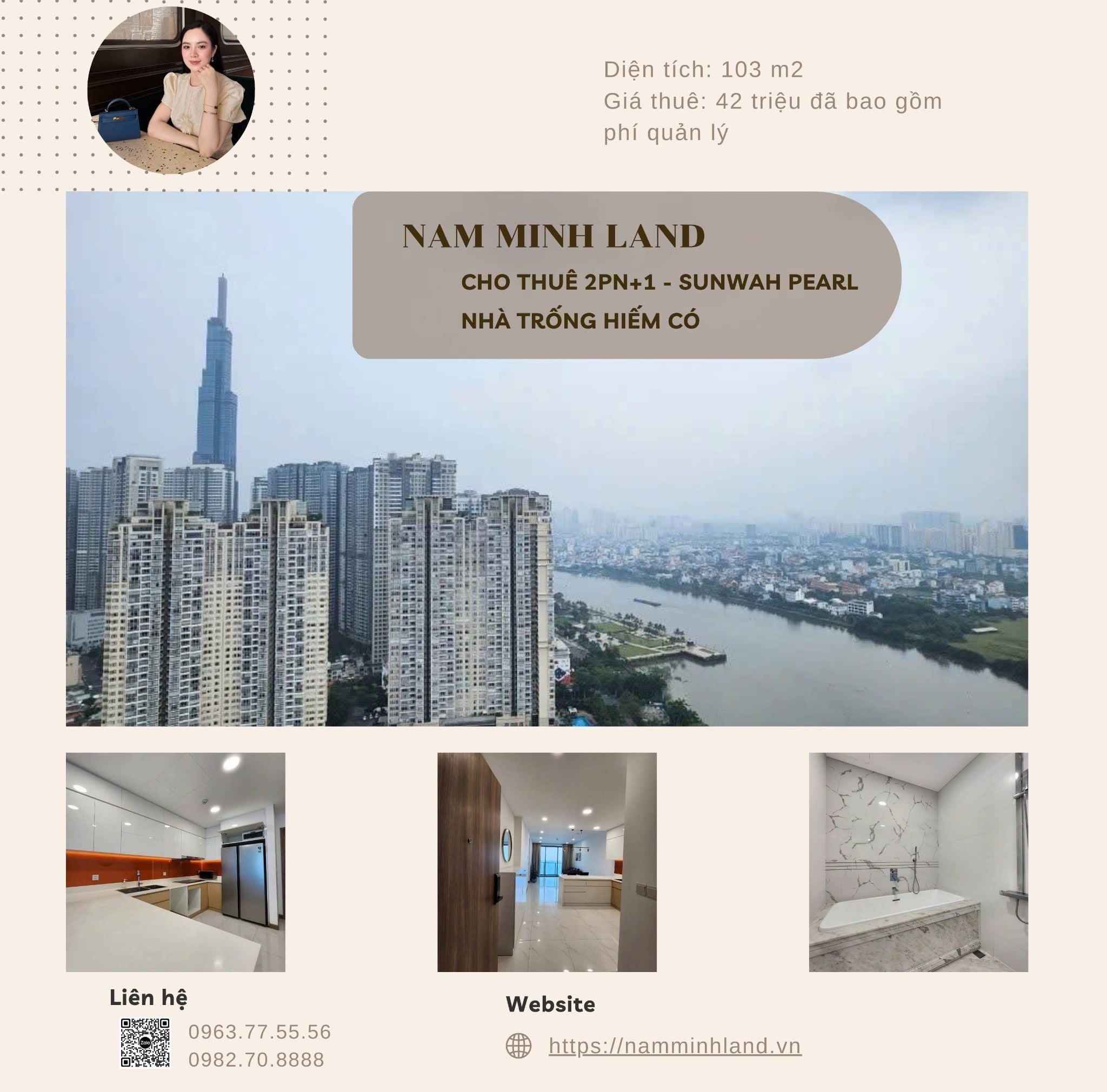 Cho thuê căn hộ Sunwah Pearl 2 phòng ngủ +1 - 103 m2  - View sông ngắm Landmark 