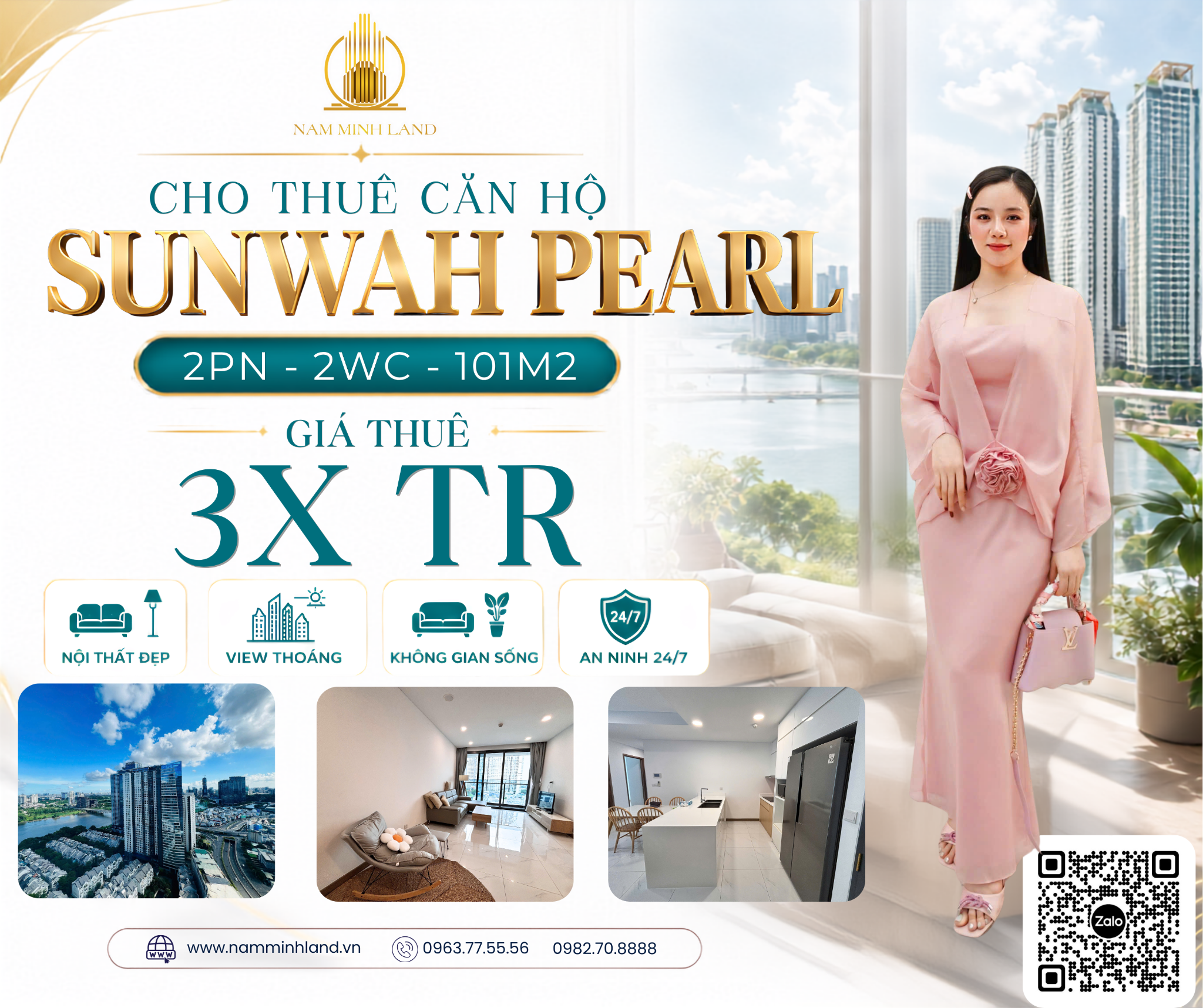  Cho thuê căn hộ Sunwah Pearl - 2 phòng ngủ 101m2- Nội thất đầy đủ, không gian rộng rãi, thoáng mát 