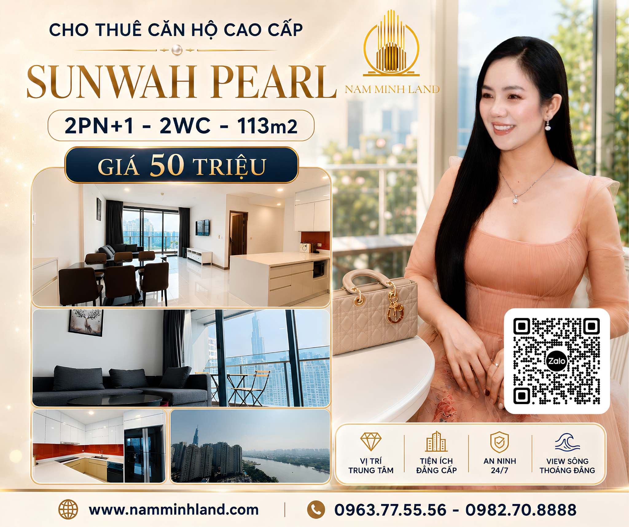  Cho thuê căn hộ Sunwah Pearl 2 phòng ngủ 113m2 - View sông biệt thư SaiGon Pearl yên tĩnh 