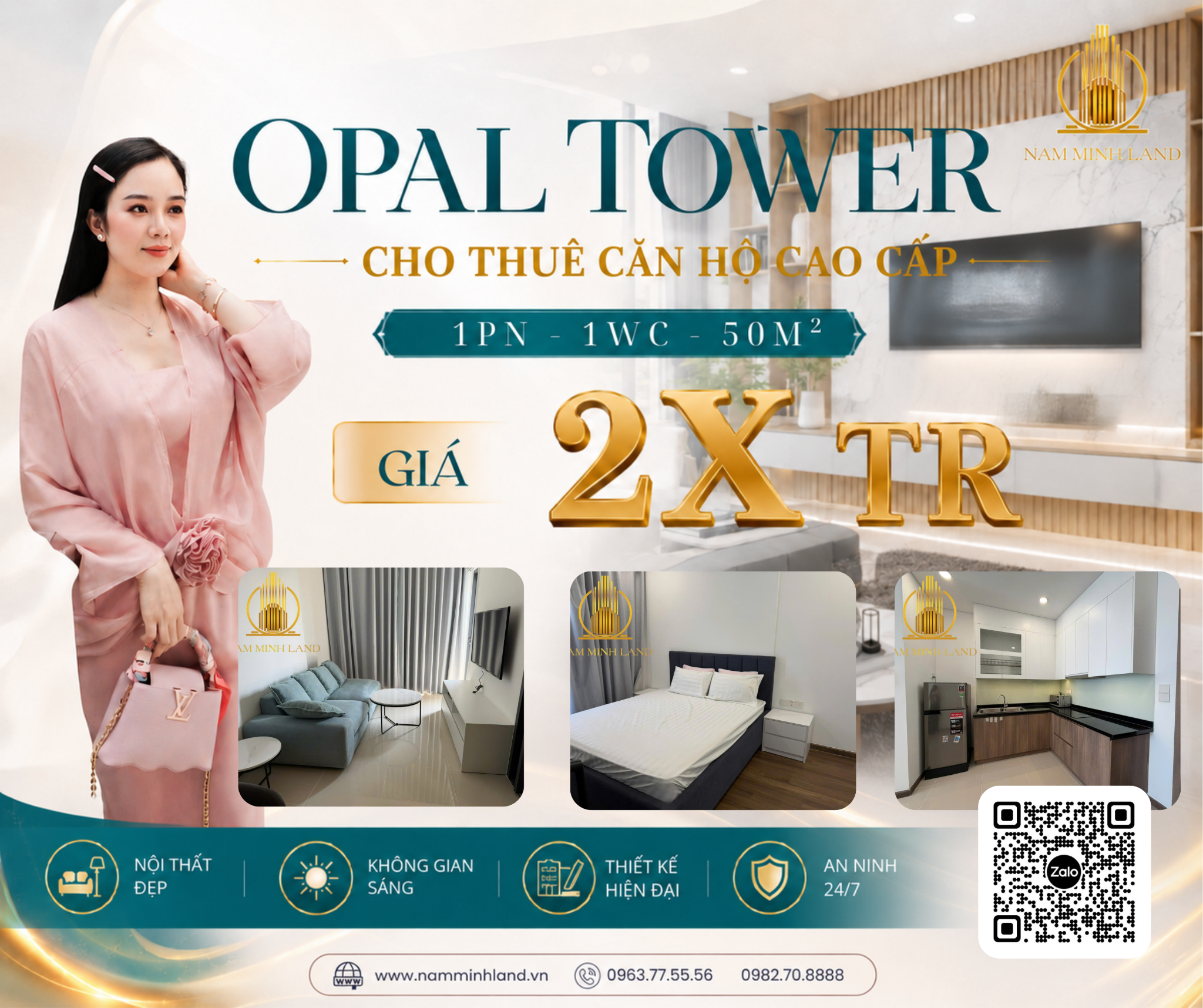  Cho thuê căn hộ Opal Tower 2 Phòng ngủ 86m2 - Tầng cao, View toàn cảnh 