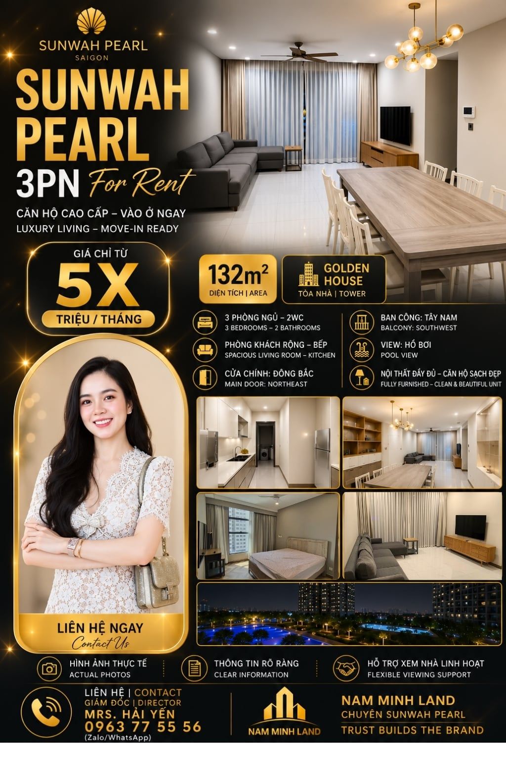  Bán căn hộ 3PN Sunwah Pearl, 132m2,  view quận 1 đẳng cấp chuẩn 5 sao 
