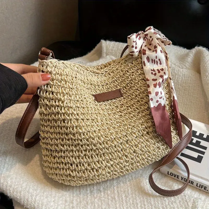  Handcrafted Straw Crossbody Bag with Scarf - BAG_NCV016 