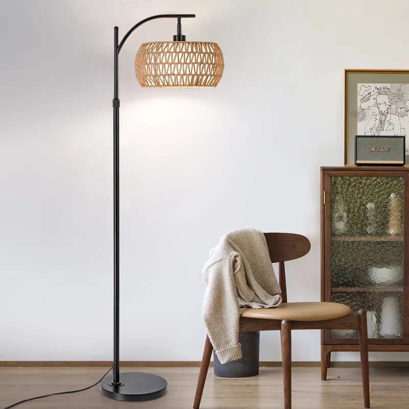  Handwoven Rattan Drum Shade Floor Lamp with Iron Stand - FL_NCV020 