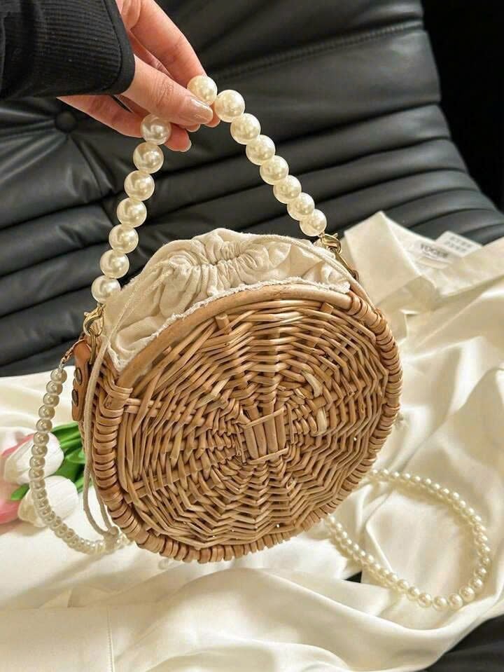  Handmade Woven Rattan Bag with Pearl Handle - BAG_NCV019 
