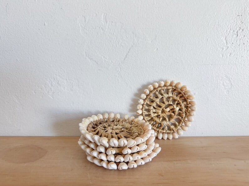  Handcrafted Seagrass Coasters with Seashell Trim - CO_NCV006 