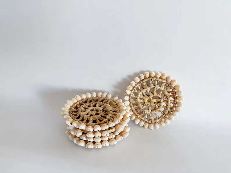  Handcrafted Seagrass Coasters with Seashell Trim - CO_NCV006 