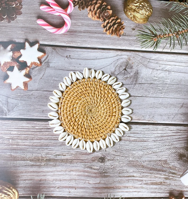  Handcrafted Rattan Coaster with Shell Trim - CO_NCV003 
