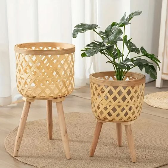  Handcrafted Bamboo Pot with Wooden Stand - POT_NCV004 