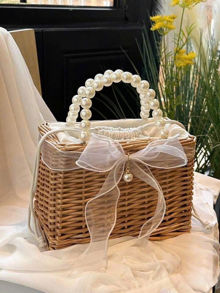  Pearl Handle Rattan Handbag with Silk Bow - BAG_NCV018 