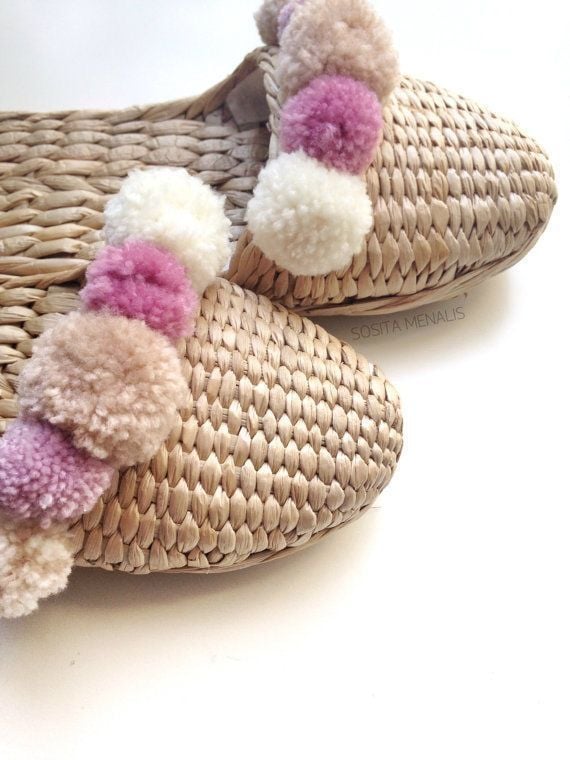  Handcrafted Water Hyacinth Slippers with Pom-Poms - SL_NCV010 