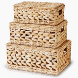  Natural Water Hyacinth Wicker Lidded Storage Basket Set - BA_NCV059 