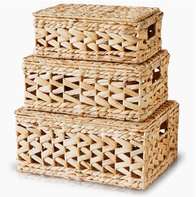  Natural Water Hyacinth Wicker Lidded Storage Basket Set - BA_NCV059 