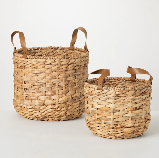  Natural Woven Water Hyacinth Storage Basket Set with Faux Leather Handles - BA_NCV075 
