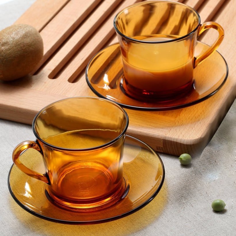  Bộ 2 tách và 2 dĩa D9006D2 Duralex -  Lys vàng Amber 180ml Thủy tinh cường lực cao cấp Pháp 