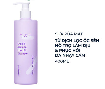 TIAM_Sữa Rửa Mặt Ốc Sên Làm Dịu & Phục Hồi Da Snail & Azulene Low pH Cleanser 400ml