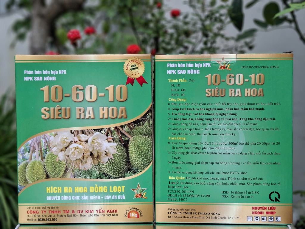 (Hộp 1Kg) Phân bón hỗn hợp NPK 10-60-10 SIÊU RA HOA. Kích hoa đồng loạt chuyên dùng cho: sầu riêng và cây ăn quả