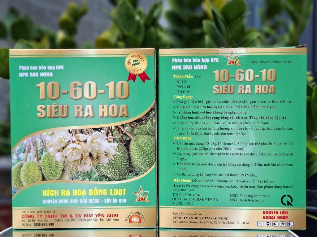 (Hộp 1Kg) Phân bón hỗn hợp NPK 10-60-10 SIÊU RA HOA. Kích hoa đồng loạt chuyên dùng cho: sầu riêng và cây ăn quả