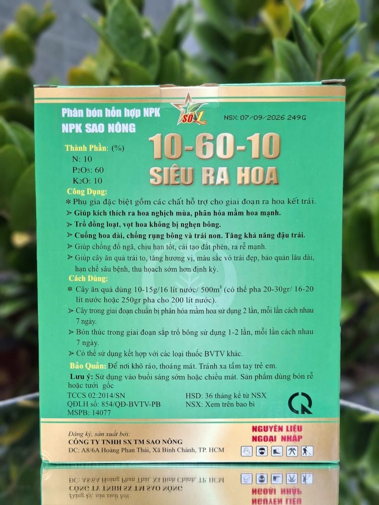 (Hộp 1Kg) Phân bón hỗn hợp NPK 10-60-10 SIÊU RA HOA. Kích hoa đồng loạt chuyên dùng cho: sầu riêng và cây ăn quả