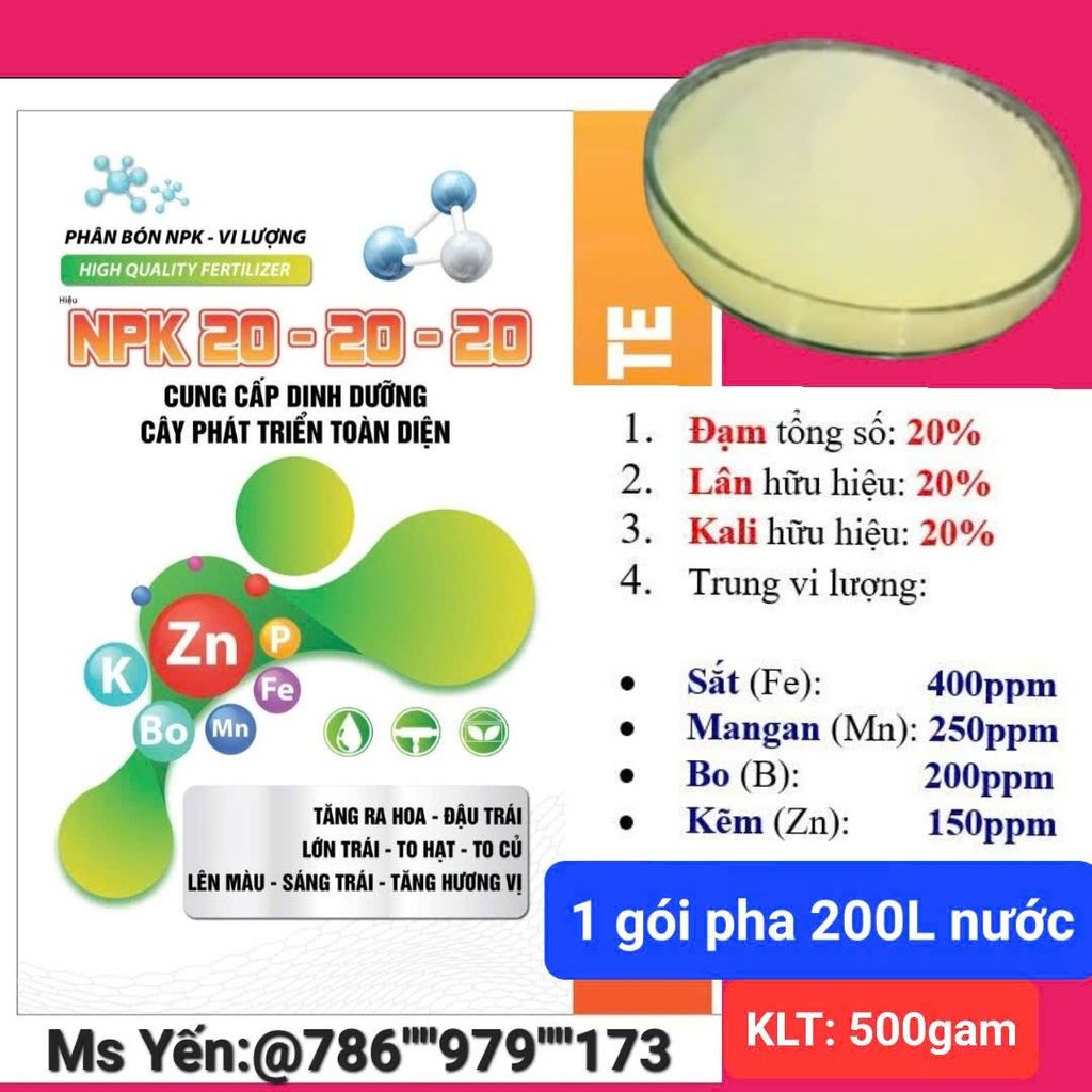(gói 500g) NPK 20-20-20 : phân bón lá cung cấp dinh dưỡng cây phát triển toàn diện