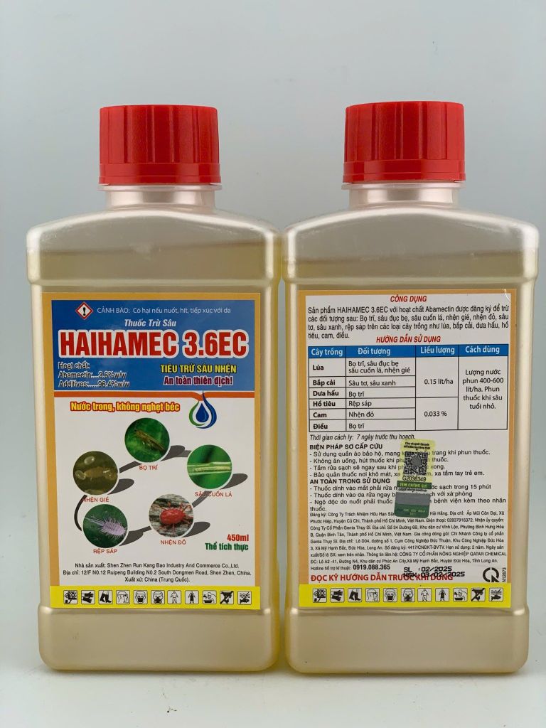 Thuốc trừ sâu Haihamec 3.6EC - Abamectin 3.6 nước trong 450ml: Sâu cuốn lá, bọ trĩ, nhện gié, Sâu phao đục bẹ, nhện đỏ, rệp sáp