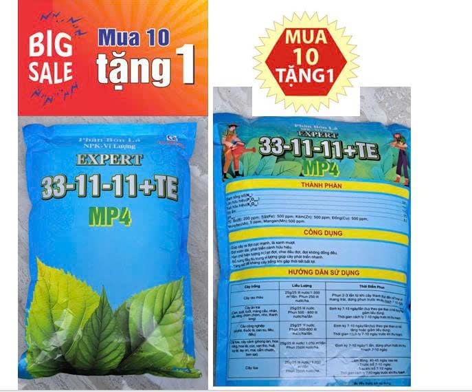 Expert 33-11-11 + TE (1kg) : Kích ra chồi, bung đọt mạnh, phát đọt, mập chồi - Đẻ nhánh, xanh lá, bung tược và kích ra rễ mạnh