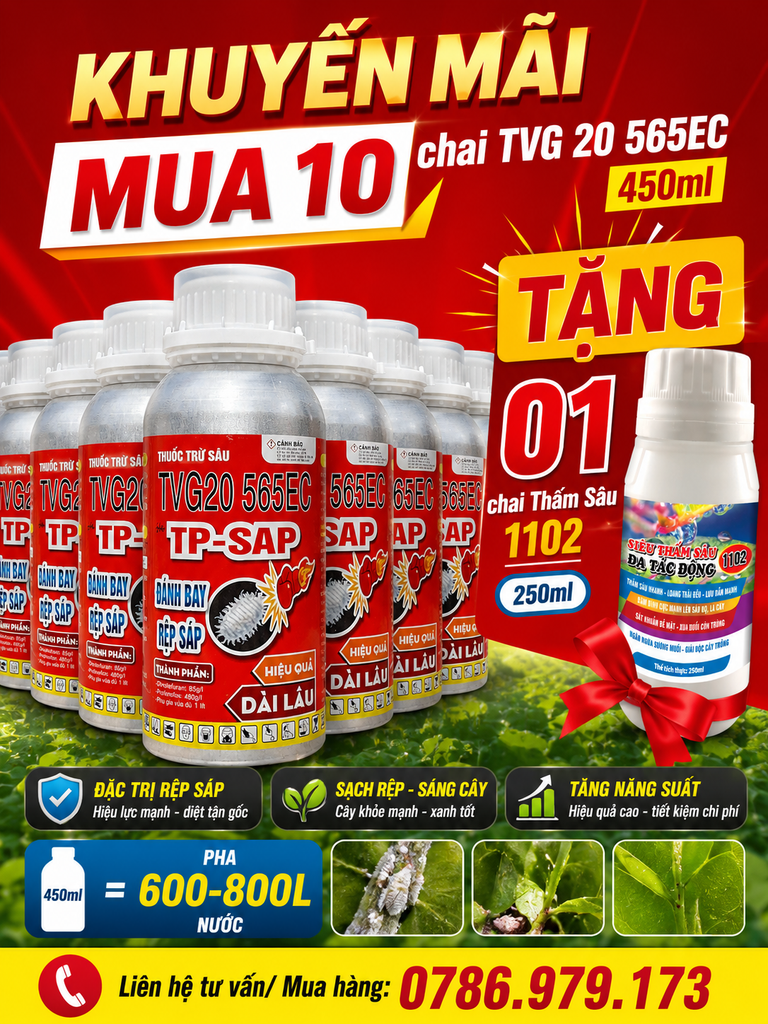 TVG 20 565EC, TP SAP: Đặc trị sâu đục thân lúa, bọ trĩ, Bọ xít hôi, rầy phấn trắng, bù hút chích hút bông lúa - KHÔNG NÓNG