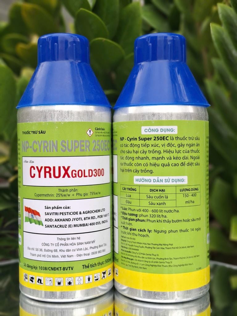 (500ml & 1L) Cyrux Gold 300Ec 1 lít, Np-Cyrin Super 250Ec 1L: trừ Sâu đầu đen hại dừa, sâu cuốn lá lúa, sâu xanh hại đậu tương, rệp sáp cà phê