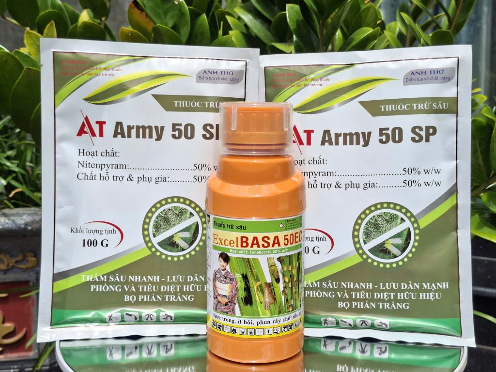 Bộ đôi diệt trừ Bọ Trĩ gây hại xoài [1 chai EXCEL BASA 50EC (450ml) + 2 gói AT ARMY 50SP (100g)]: không nóng bông, bám trái, bảo vệ lộc non, hoa và trái non
