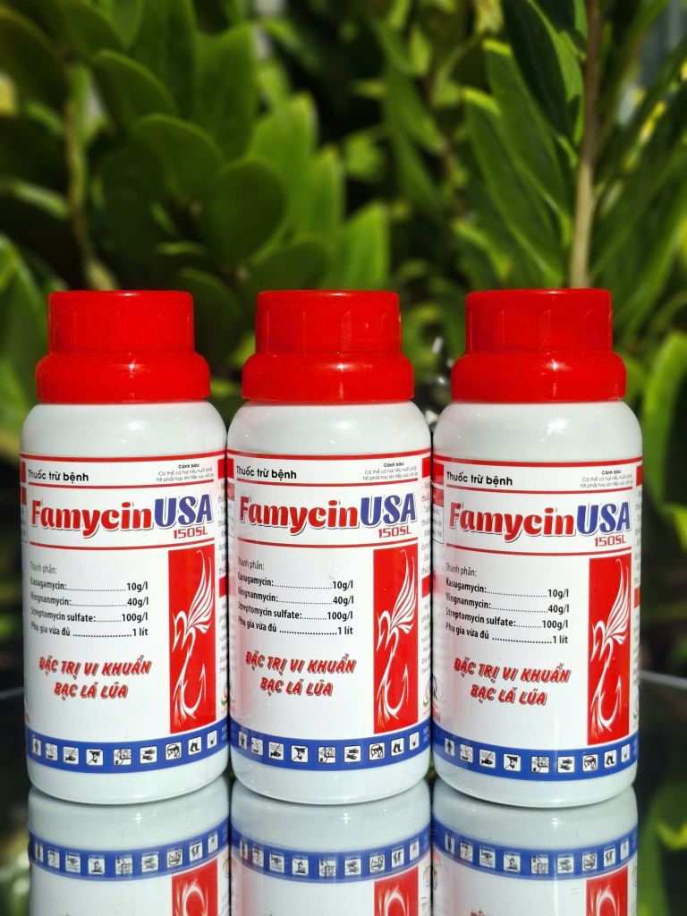 Famycin USA 150SL (200ml): Đặc trị vi khuẩn gây thối nhũn, Thán thư - thối cuống, thối trái, thối nhũn, bạc lá, cháy bìa lá, chứa kháng sinh Streptomycin