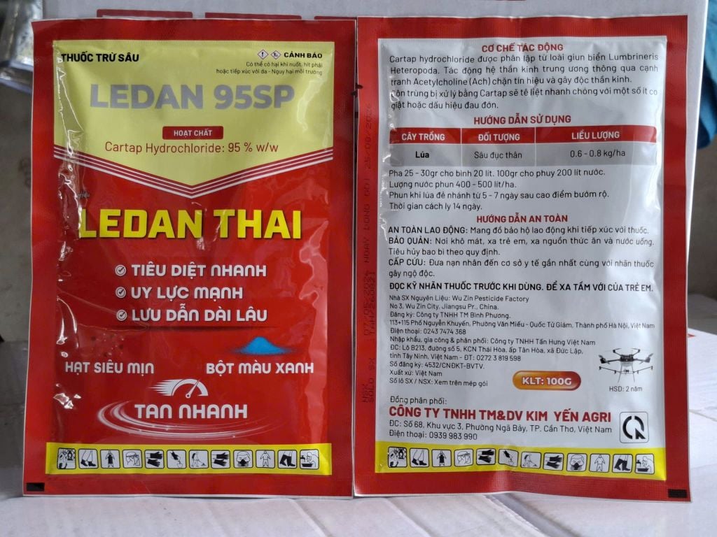 (Gói 100g) Thuốc trừ sâu LEDAN 95SP, Cartap Hydrochloride 95% - Hiệu LEDAN THÁI (bột màu xanh, siêu mịn): đặc trị sâu đục thân, rầy xanh sầu riêng, sâu đục thân, ruồi, bọ trĩ, bọ cánh cứng