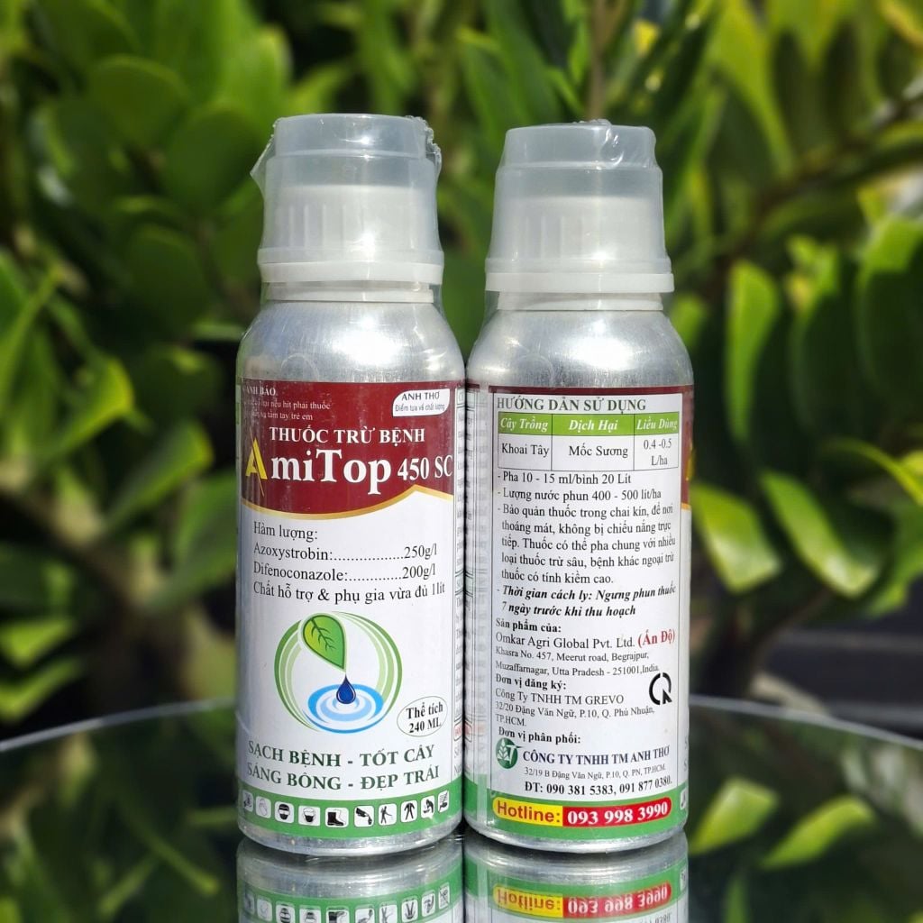 (Chai 100ml-240ml) Thuốc trừ bệnh AMITOP 450SC - Phòng trị bệnh đốm lá, sương mai, thán thư, thối trái trên rau màu, khổ qua, bầu bí dưa chuột, dưa leo, phóng đọt, mập đọt, không nóng