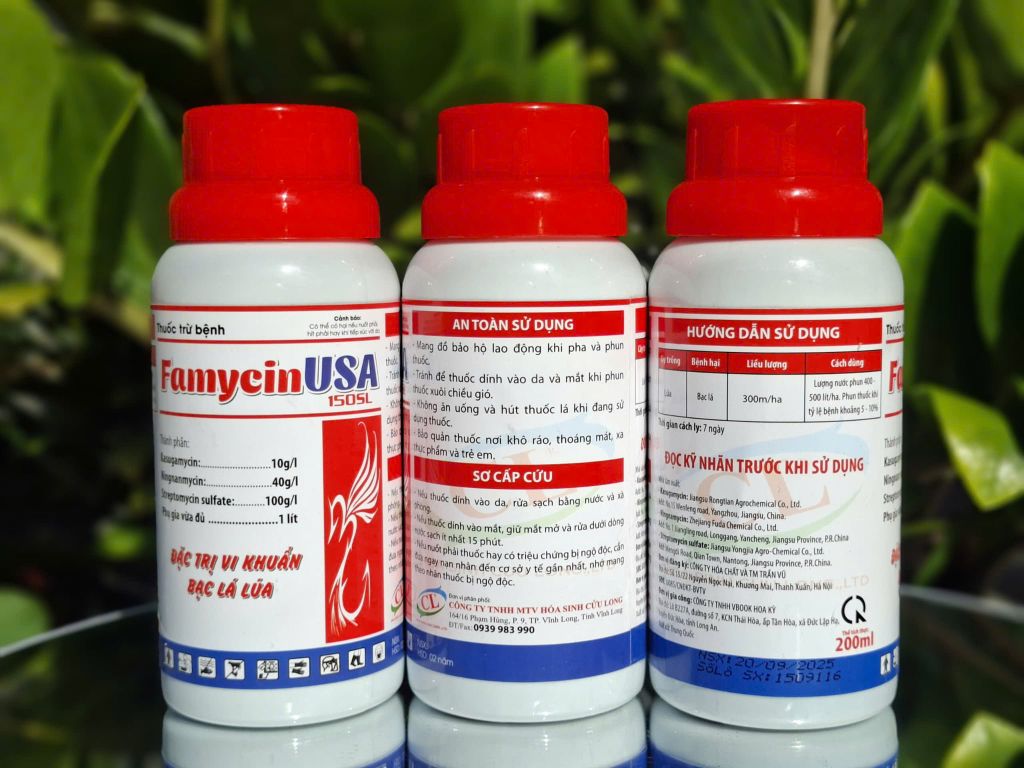 Famycin USA 150SL (200ml): Đặc trị vi khuẩn gây thối nhũn, Thán thư - thối cuống, thối trái, thối nhũn, bạc lá, cháy bìa lá, chứa kháng sinh Streptomycin