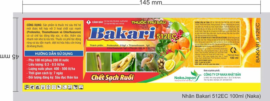(100ml) BAKARI 512EC: trừ sâu đục thân, bọ trĩ, sâu cuốn lá lúa, sâu vẽ bùa, nhện đỏ, bọ trĩ, rệp muội, rệp sáp, sùng hà